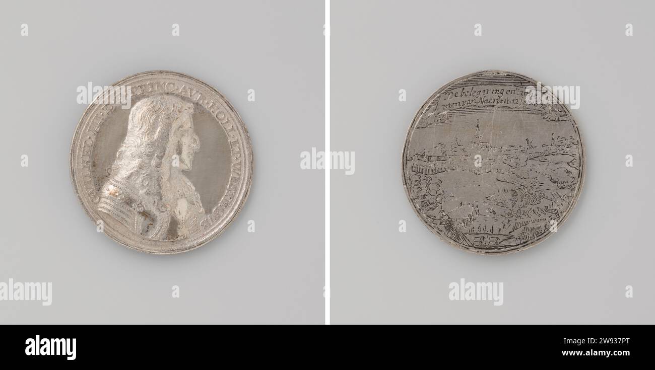 Intake of Naarden by Willem III, Anonymous, 1673 history medal Silver -plated copper medal. Front: breastpiece man inside change. Reverse: siege of city under Wimpel with inscription. Netherlands copper (metal) casting / engraving  Naarden Stock Photo