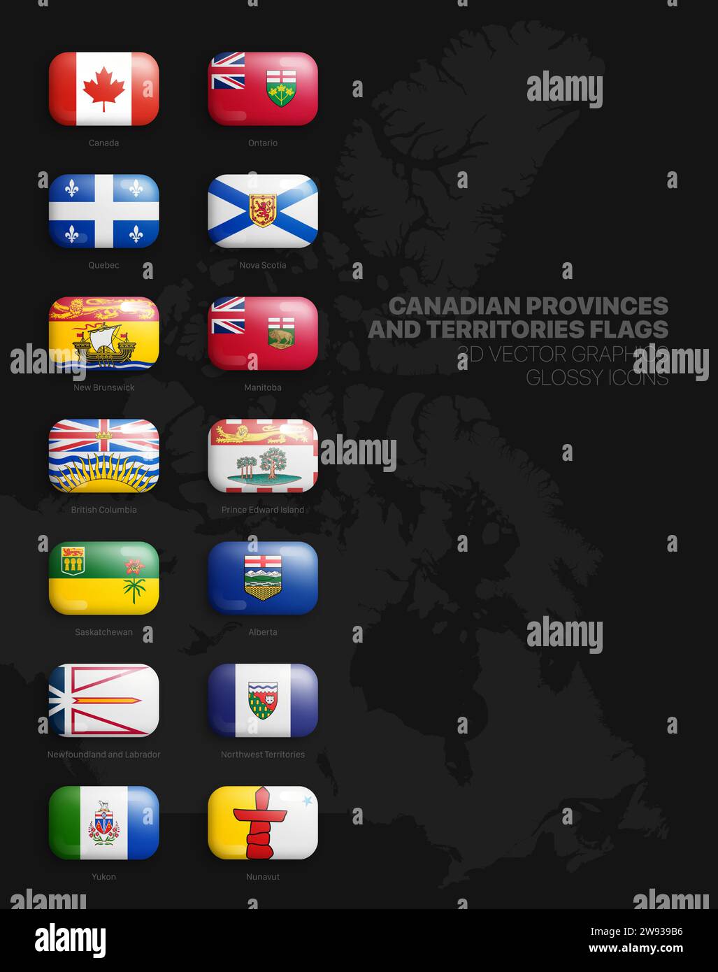 All Official Flags of Canadian Provinces and Territories 3D Vector Rounded Glossy Icons Set
