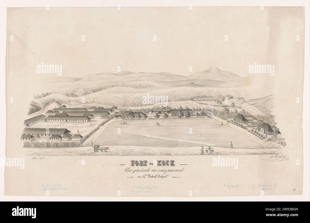 View of Fort de Kock, R. Waltthert, 1874 drawing Hilly landscape with a view of Fort de Kock on Sumatra in April 1874. Army place of the 17th battalion infantry. A few soldiers excerces on a large, empty central area; In the middle a man on horseback. In the foreground, a carbouw pulls a cart and some men go on foot on a road. Figures indicate specific buildings on the site. Sumatra paper. ink pen / brush / writing (processes) fortress Sumatra. Fort those chef Stock Photo