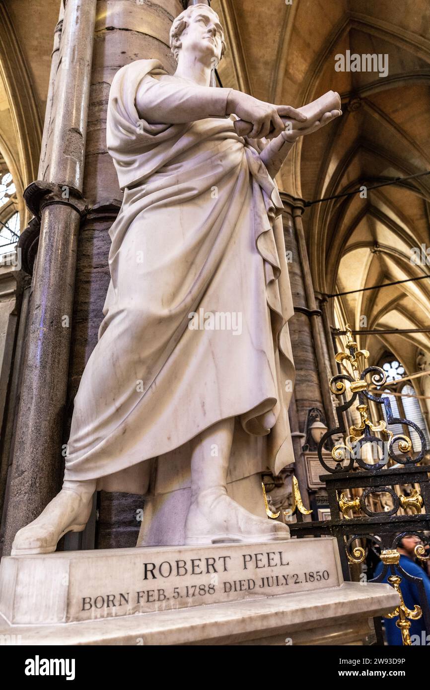 Statue of Sir Robert Peel,former British Prime Minister and founder of the british police force hence Bobby, Westminster Abbey,London,England,2023 Stock Photo