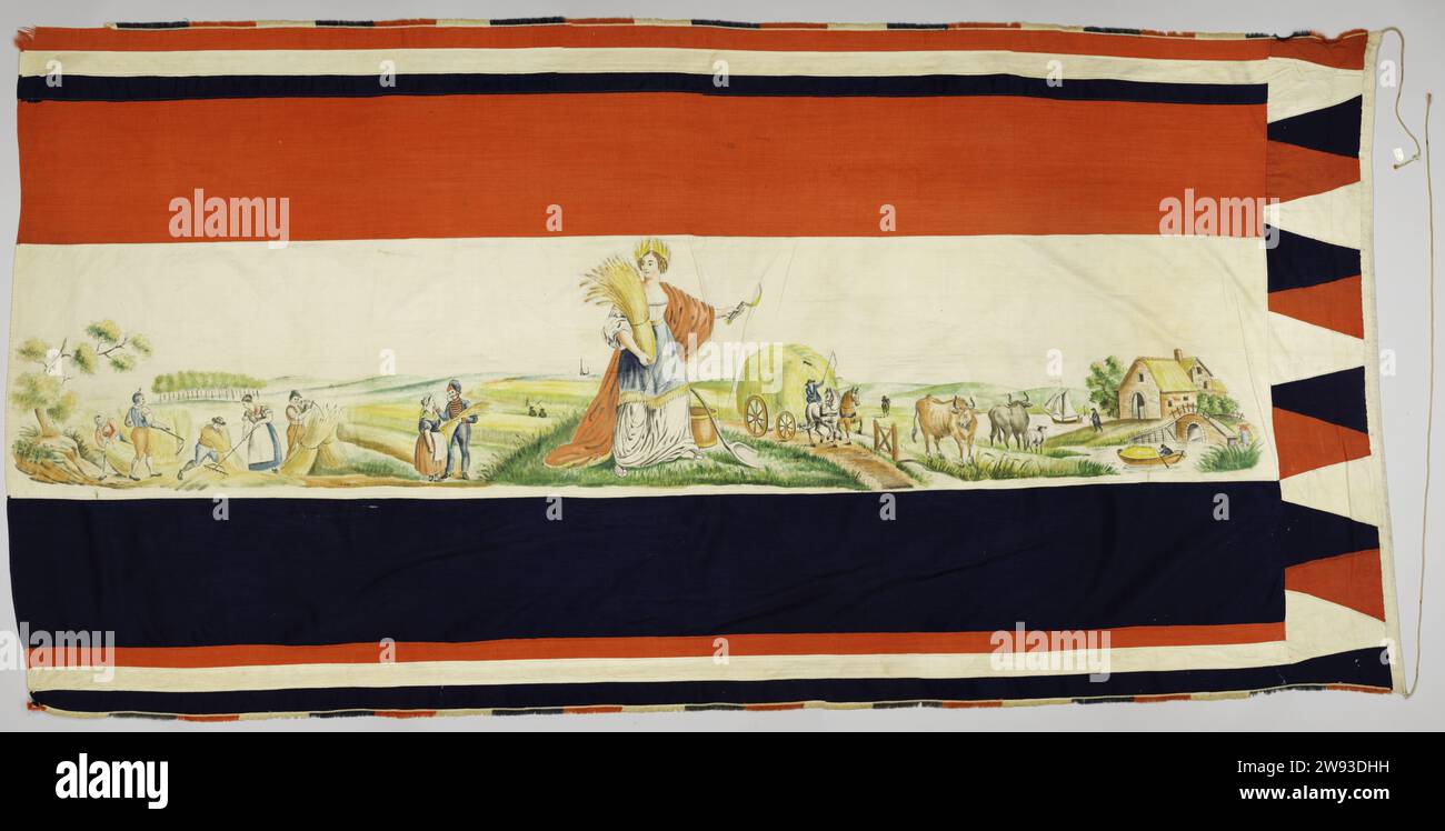 Vlag, anonymous, 1800 - 1900 flag Flag consisting of three narrow lanes, red white blue, three wide and again three narrow tracks, the same colors, above and below short red-white-blue fringe, left mounting for flagpin with rope and red-white-blue staircases. A national scene has been painted on the wide white track with an allegorical figure in the middle: woman with sickle in the right and corn sheaf in the left hand. To the left of her farm, river boats, cows and a hay wagon, on the right a girl with soldier and further harvesting farmers. Netherlands linen (material). wool. rope  specific Stock Photo