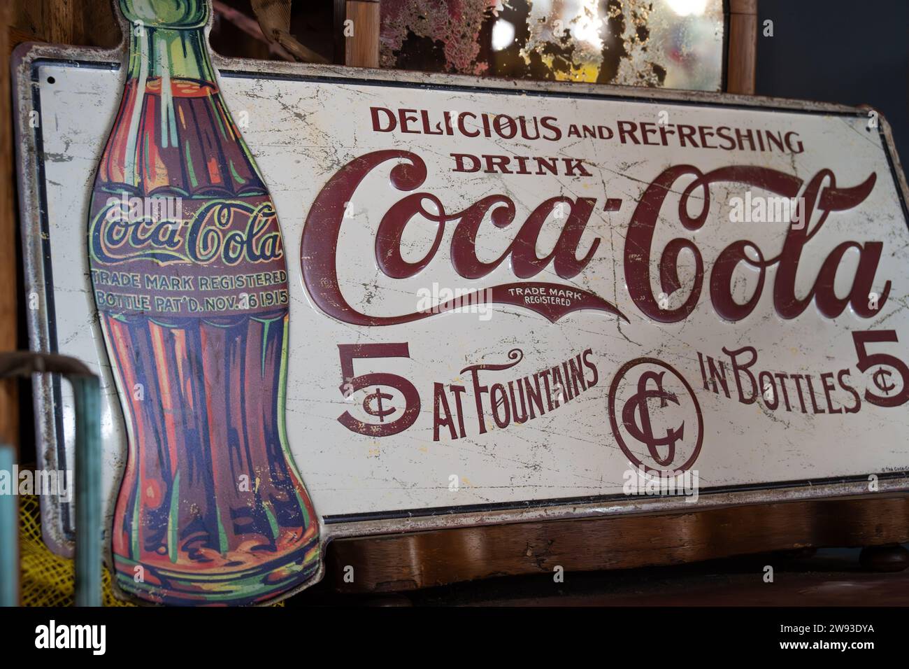 Vintage Drink Coca-Cola tin sign at the Old Sautee Store and Market in Sautee Nacoochee near Helen, Georgia. (USA) Stock Photo
