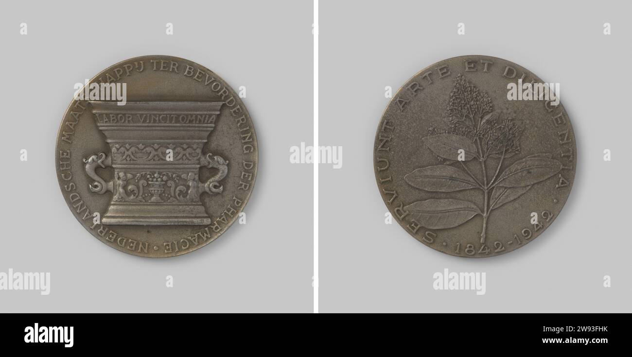 100th anniversary of the Dutch Society for the Promotion of Pharmacy 1842 - 1942, M.P.J. Fleur, 1942 history medal Penning consisting of an alloy of zinc and copper. Front: Antique auger with change. Reverse: the branch of Cinchona Ledgeriana Javanensis with a change. In around white box in which description. Offered by the Dutch Pharmacy Chamber in memory of the many good ones, which has been performed by the Dutch Society for the Promotion of Pharmacy. NetherlandsNetherlandsVoorschoten zinc. copper (metal) Stock Photo