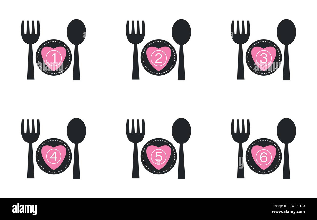 Dish portion number symbol with heart icon, fork, spoon and plate. Stock Vector