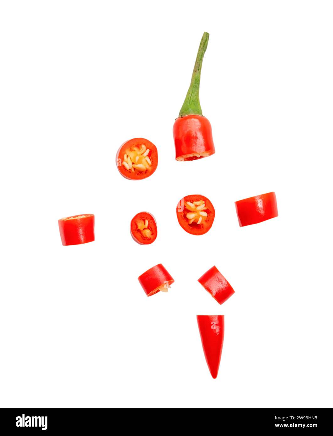 Top view of fresh red chili pepper slices is isolated on white ...