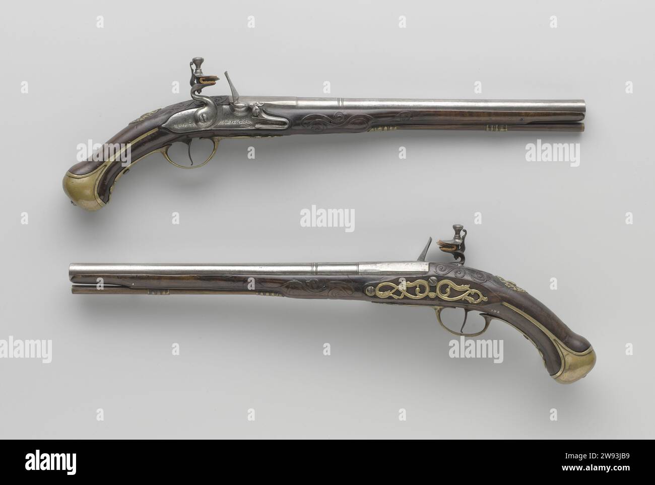 Flint gun, Jan Flock, c. 1685 flintlock pistol Part of a couple. The ...