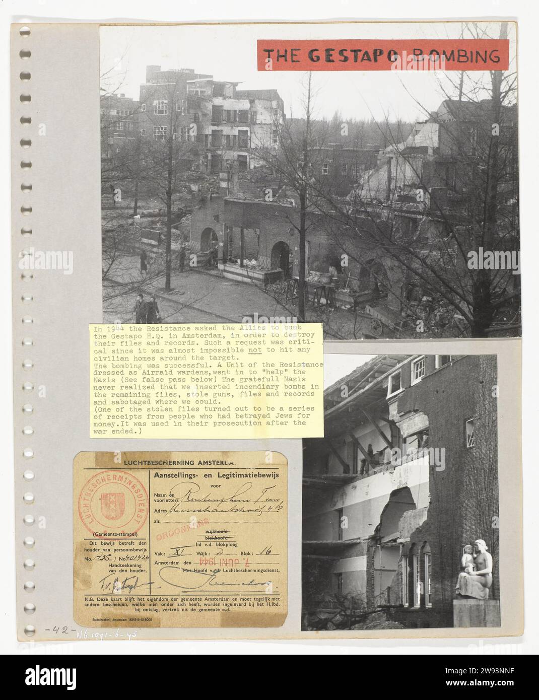 Bombeded headquarters of the Gestapo, 1944 photograph Two photos of the bombed headquarters of the Sicherheitsdienst (SD) in the Euterpestraat, now Gerrit van der Veen Straat. Originally the girls HBS. False identity card from T. van Renterghem from the air protection service, with which he entered the headquarters after the bombing and fire bombs placed. Amsterdam paper. plastic (organic material)   Netherlands Stock Photo