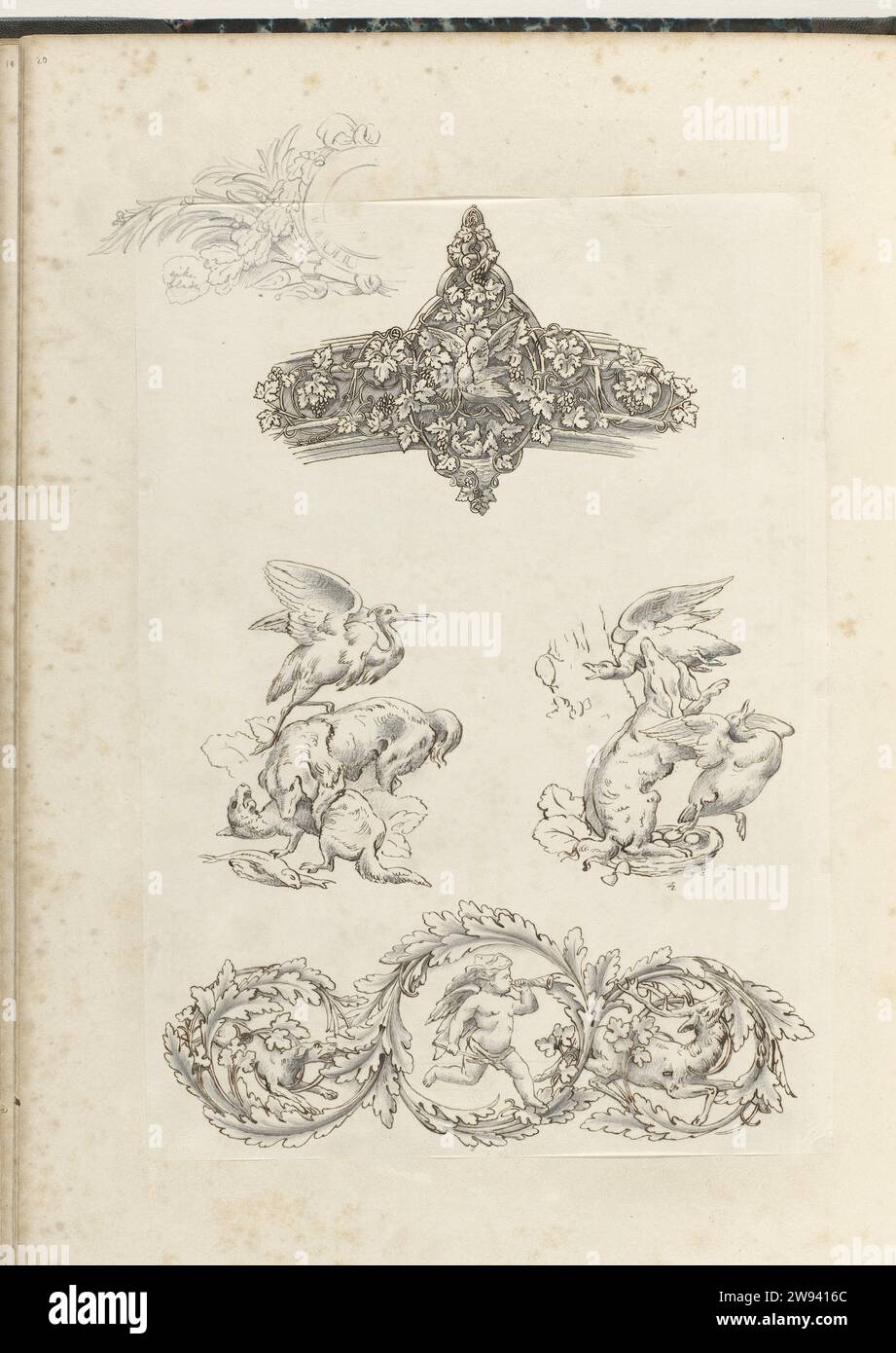 Three ornaments and two attacking dogs, c. 1866 - c. 1900 drawing At the bottom, a dog and a putto run after a deer through three volutes of leaf vines. In addition, there are two drawings of a dog attacking animals.  tracing paper. ink. pencil drawing Stock Photo