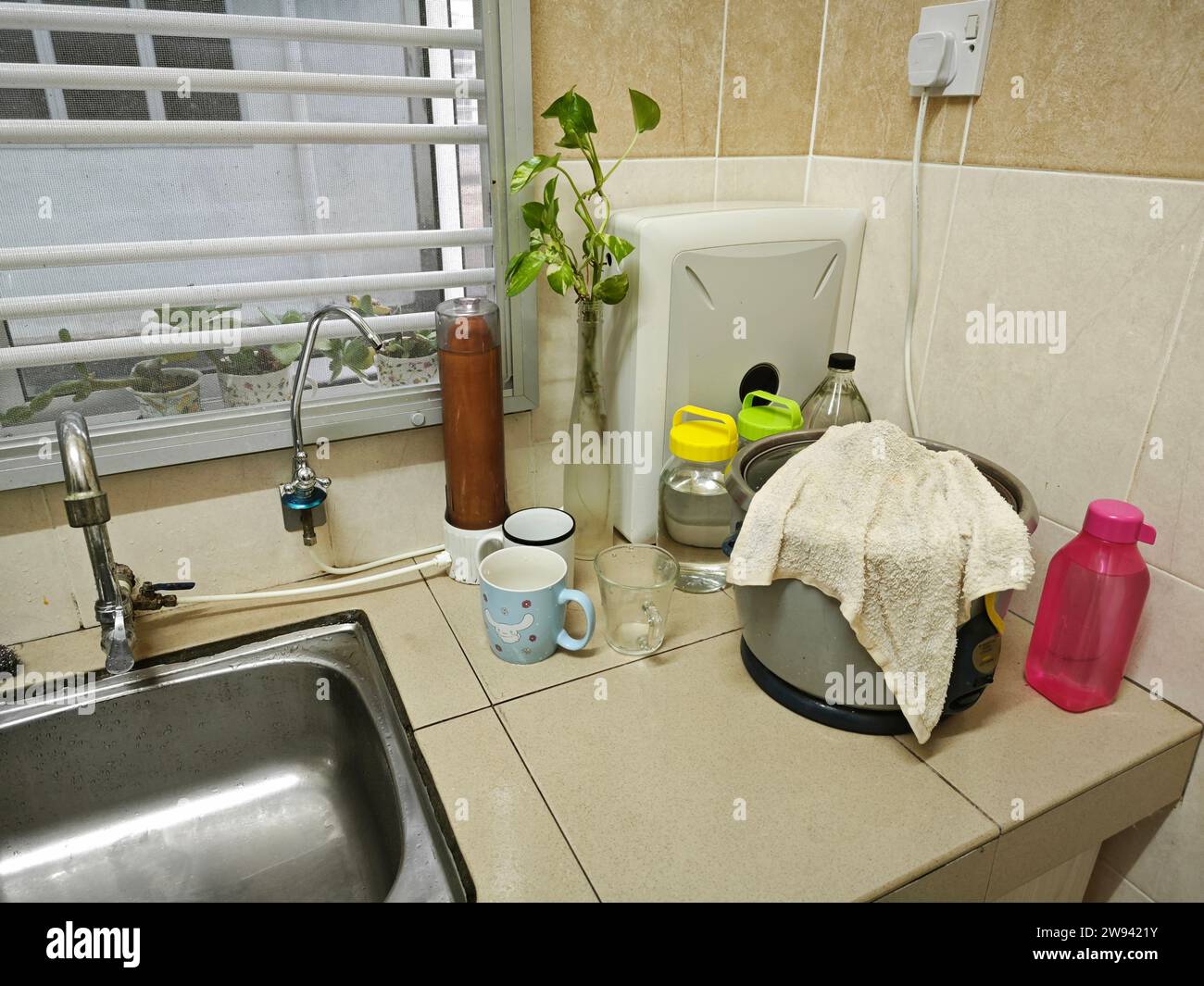 domestic water filter faucet at the kitchen basin stove Stock Photo