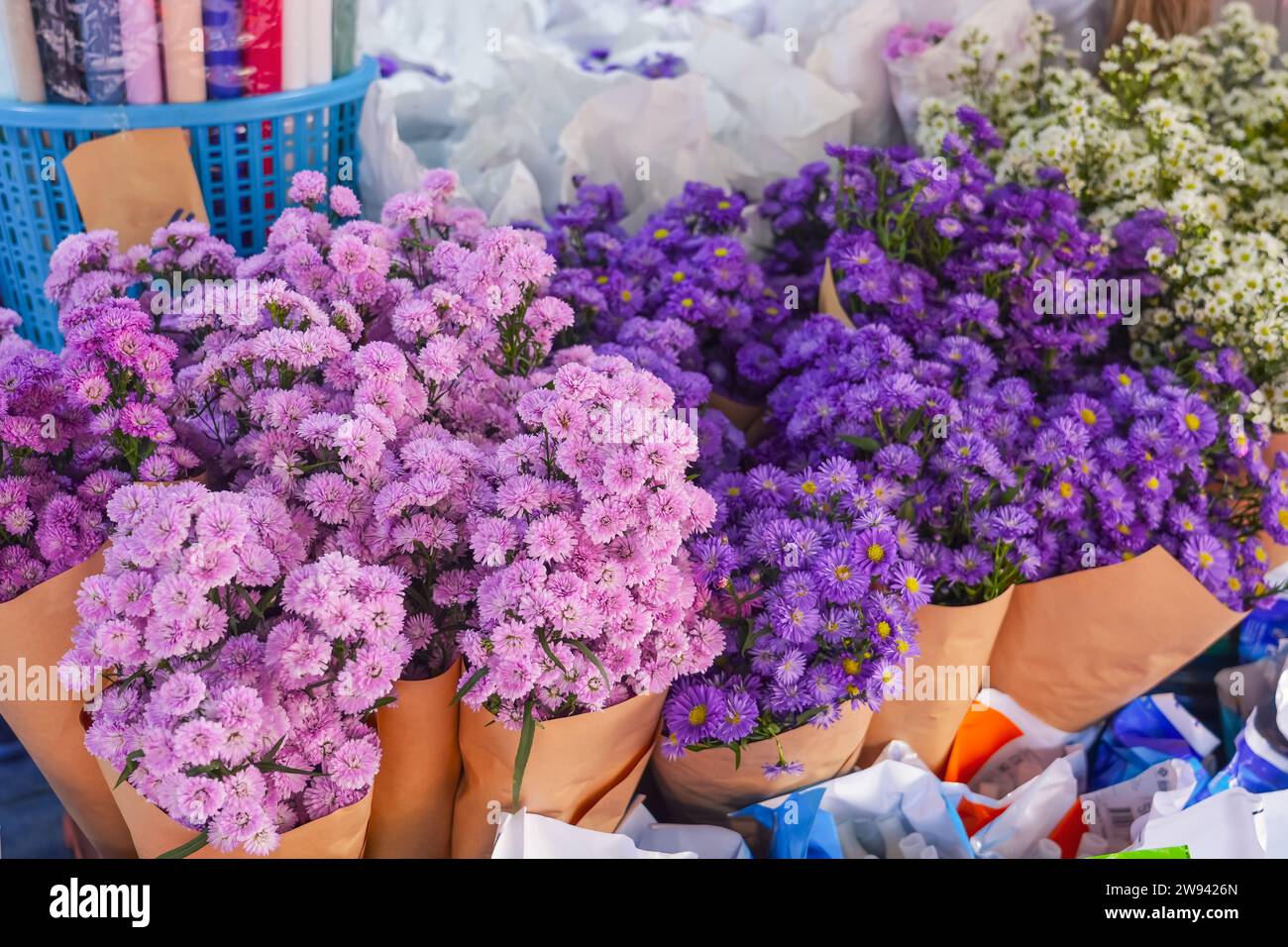Aster virginiana of purple light tones in a bouquet for sale. Stock Photo
