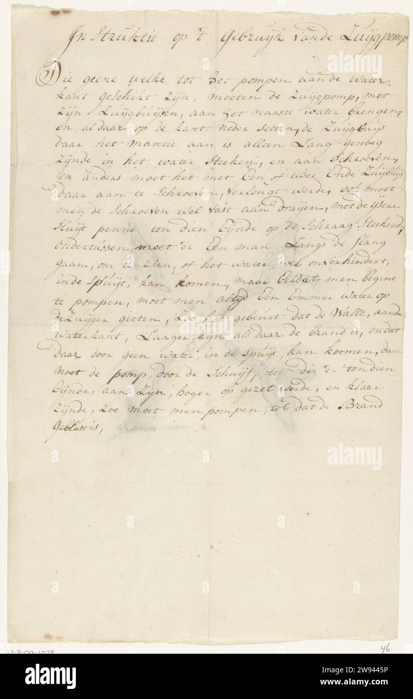 Handwritten instructions for using the suction pump of the hose fire sprayers, ca. 1800-1820, 1800 - 1820  Sheet with handwritten instructions for using the suction pump of the hose fire sprayers, ca. 1800-1820. Belongs to the incentives at the fire spray book by Jan van der Heyden. Netherlands paper writing (processes) fire-extinguishing equipment Amsterdam Stock Photo