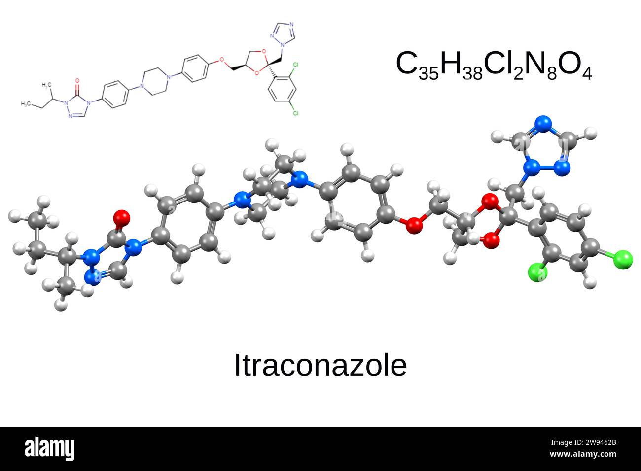 Chemical formula, structural formula and 3D ballandstick model of