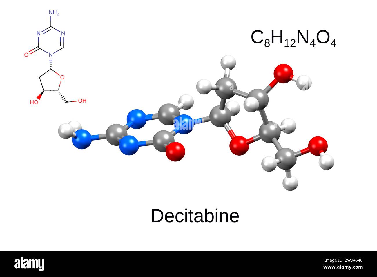 Chemical formula, skeletal formula, and 3D ball-and-stick model of hypomethylation agent decitabine, white background Stock Photo