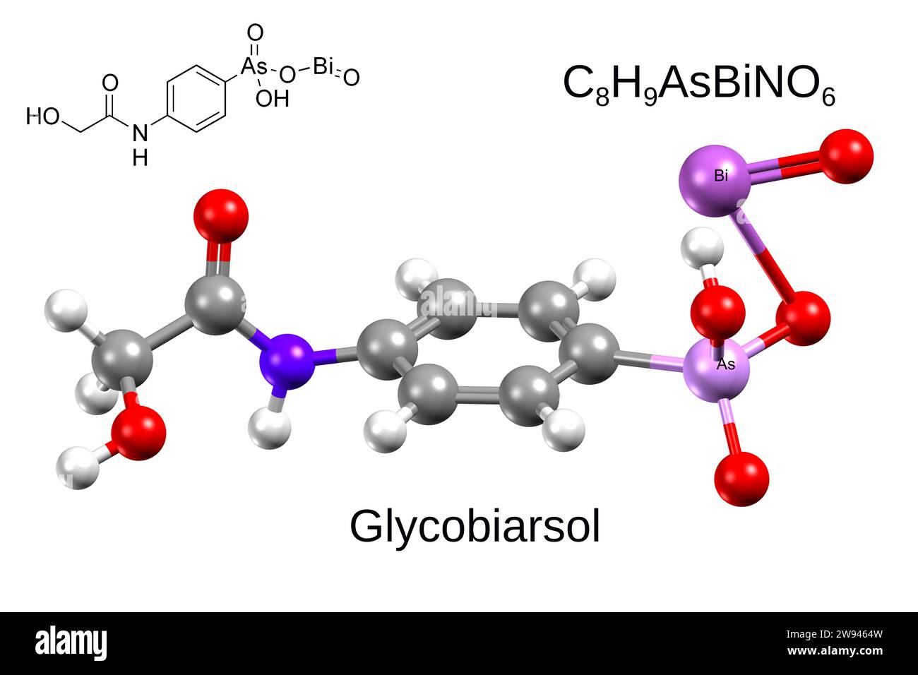 Chemical formula, structural formula and 3D ball-and-stick model of an antiprotozoal agent glycobiarsol, white background Stock Photo