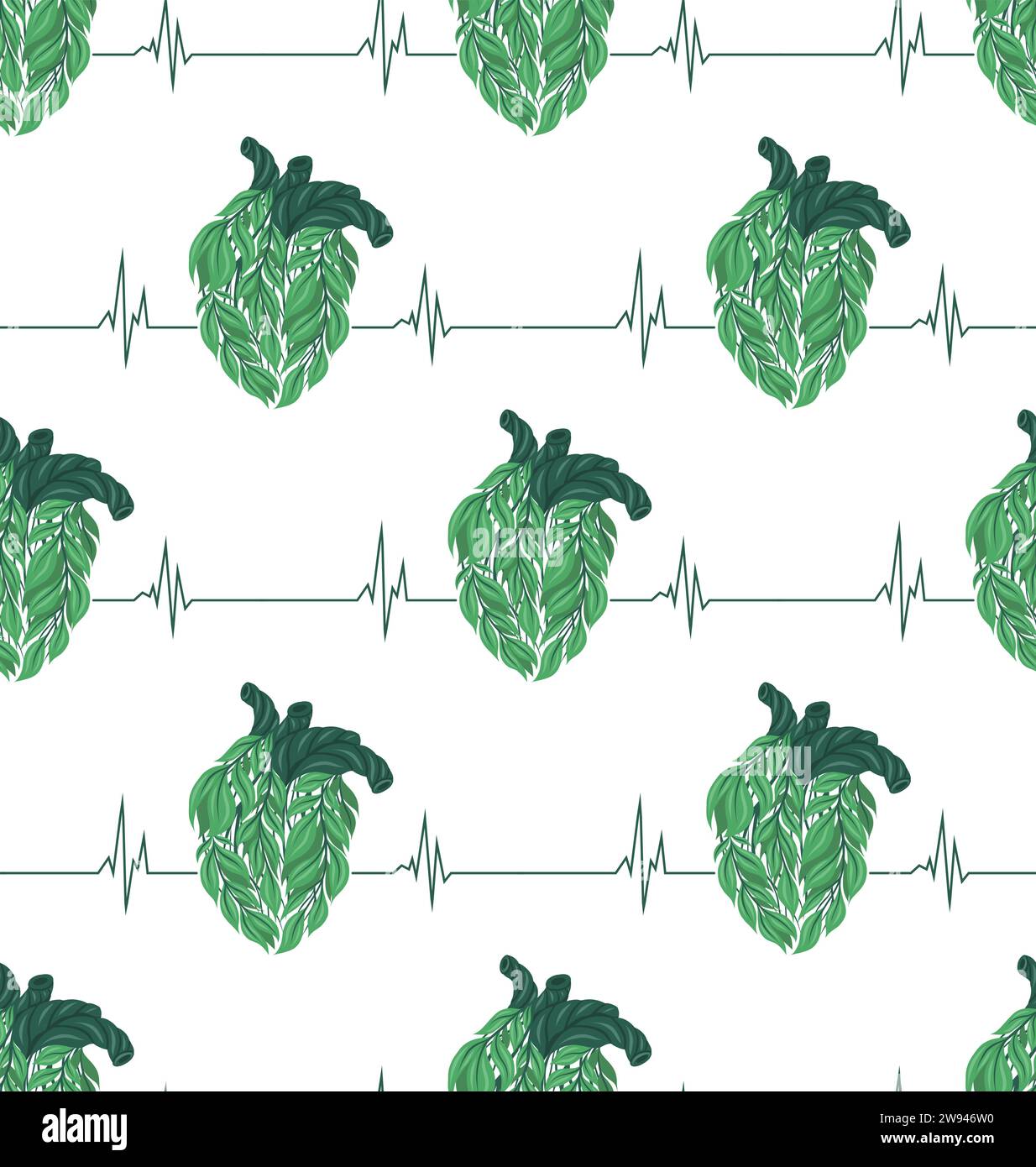 Vector medicine seamless pattern with healthy human hearts made of leaves with cardiogram on white background. Texture with heart transplant and pulse Stock Vector
