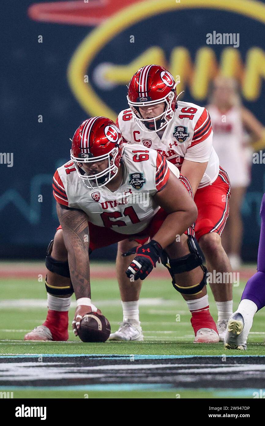 Las Vegas, NV, USA. 23rd Dec, 2023. Utah Utes offensive lineman Kolinu'u Faaiu (61) waits to