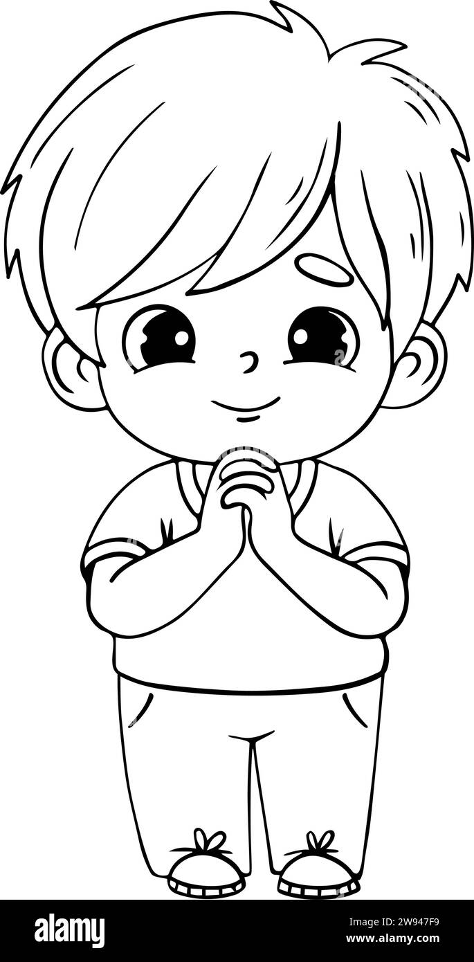 Praying little boy in full growth with folded hands in prayer. Linear hand drawing. Coloring book. Religious believer male child character. Kids colle Stock Vector