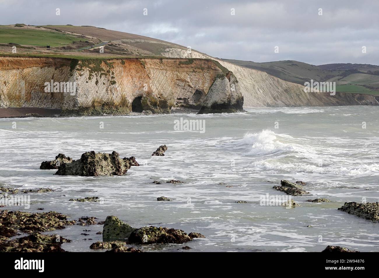 Freshwater Bay, Totland. 23rd December 2023. Changeable weather across