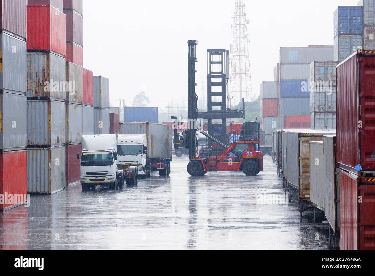 Container truck when it rains Stock Photo - Alamy