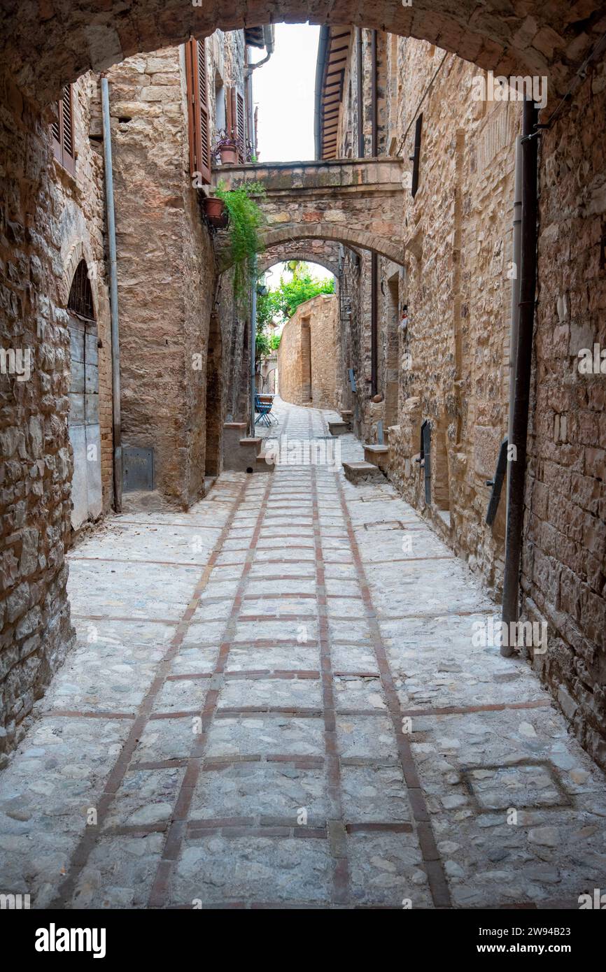 Cobblestone Pedestrian Alley in Spello - Italy Stock Photo