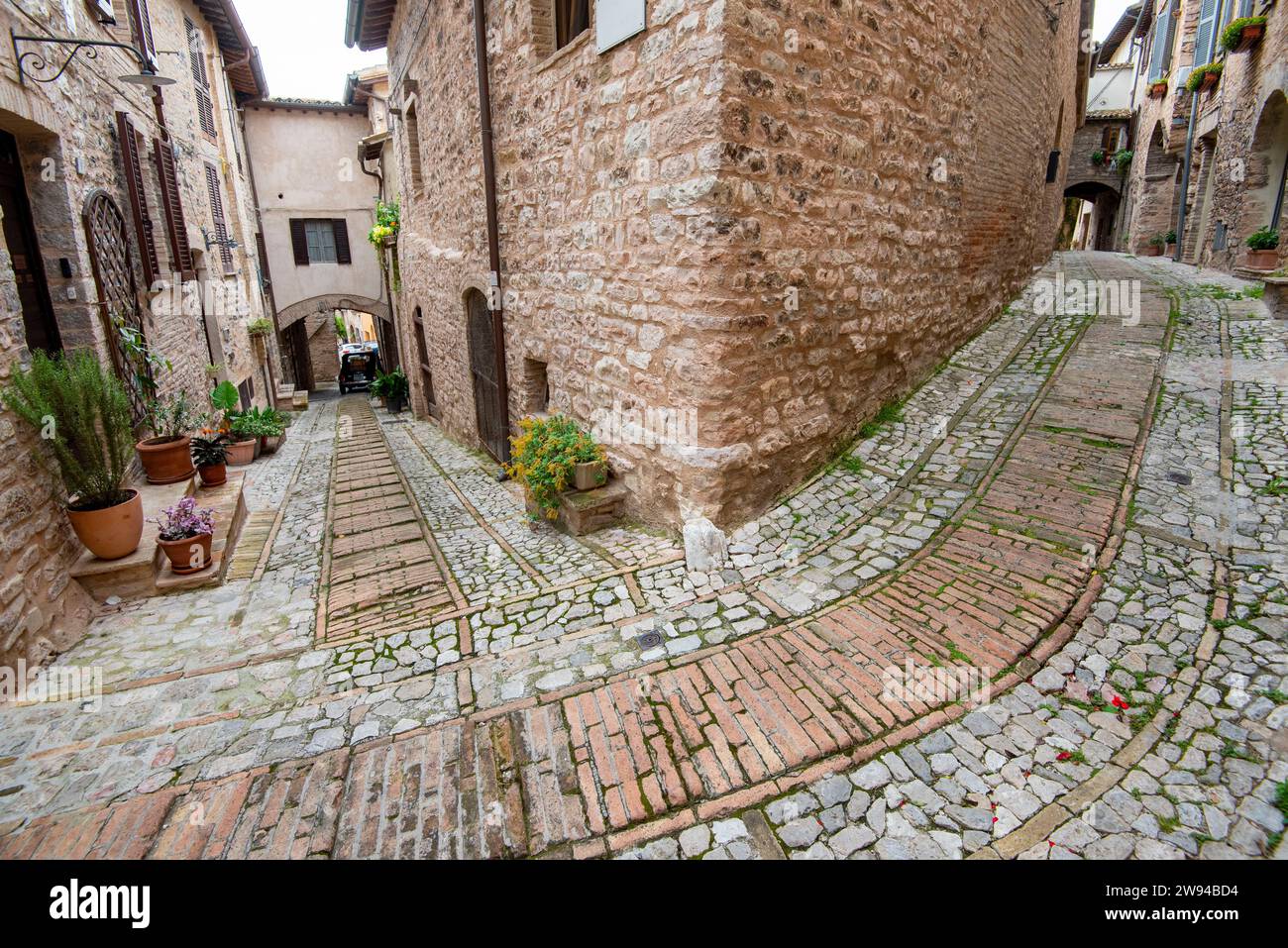 Cobblestone Pedestrian Alley in Spello - Italy Stock Photo