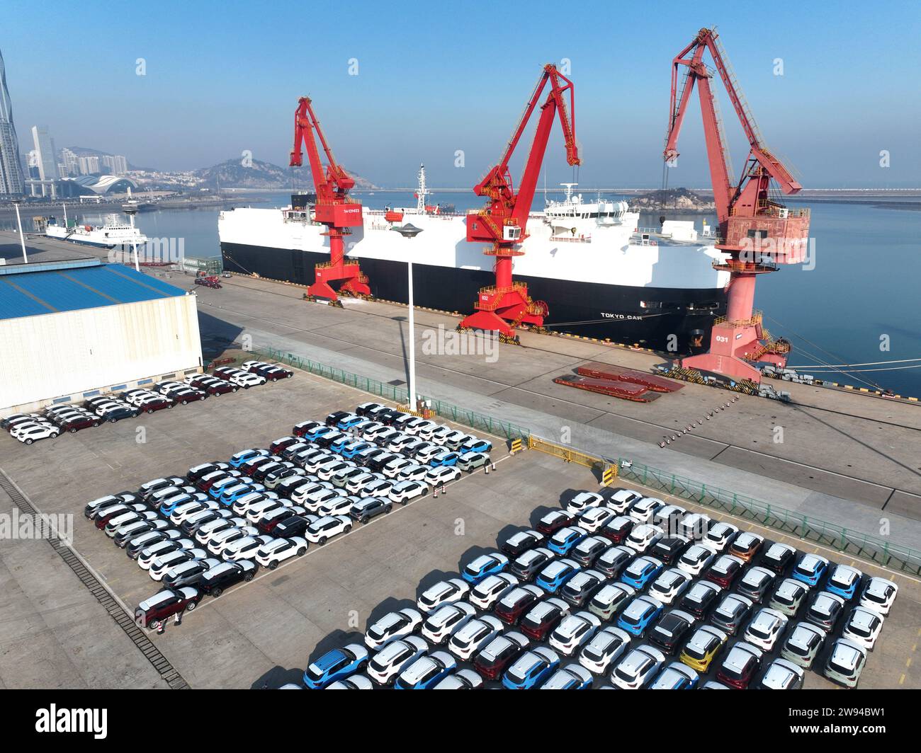 LIANYUNGANG, CHINA - DECEMBER 24, 2023 - Roll-on wheels load cars for export at a dock in Lianyungang city, Jiangsu province, China, December 24, 2023 Stock Photo