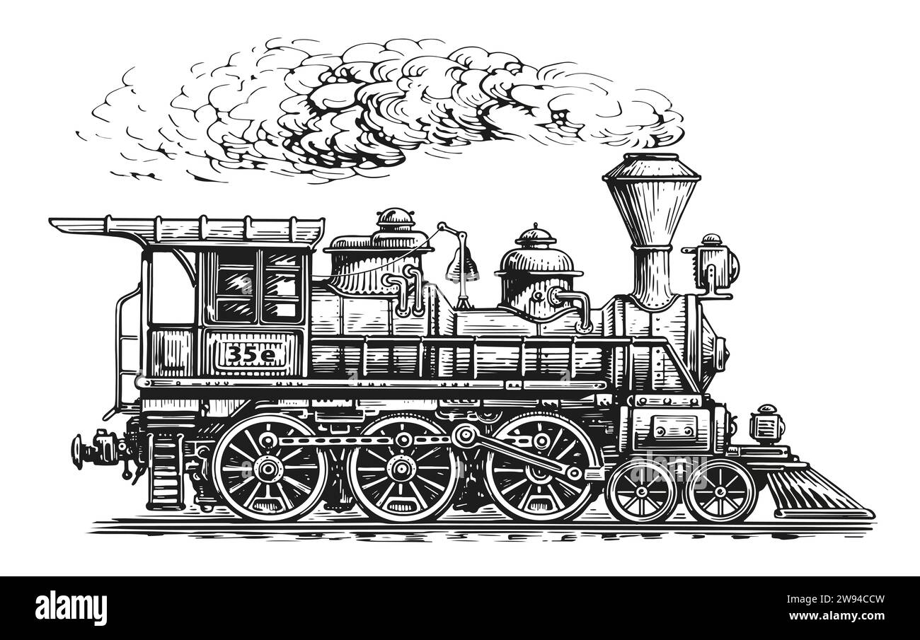 Hand drawn retro steam locomotive, illustration in engraving style. Vintage transport sketch Stock Photo
