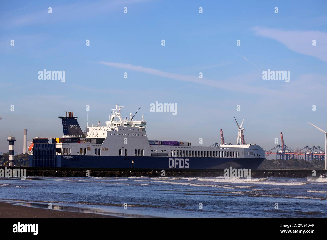 Ferry of DFDS heading to England leaving the port of Rotterdam in the Netherlands Stock Photo
