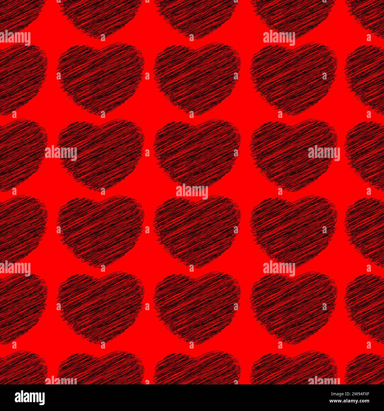 Black Love Heart scribbles in red color background. Seamless pattern design template Stock Vector