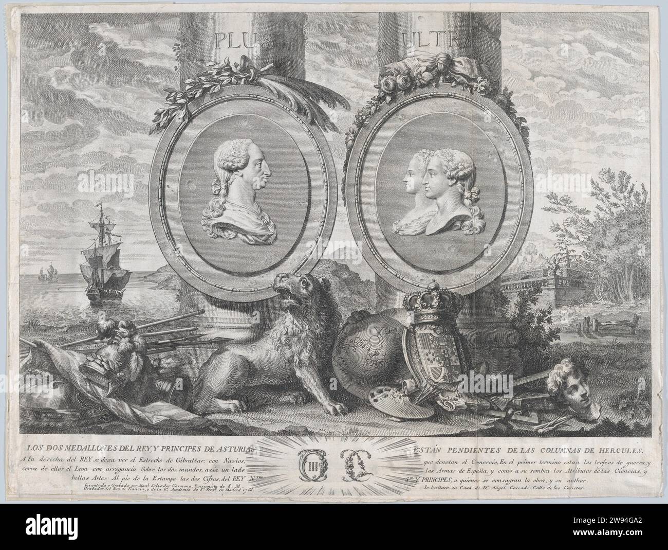 Two bust portraits of Carlos III at left and Carlos IV and Maria Louisa at right in roundels fixed to the columns of Hercules set within a landscape 1967 by Manuel Salvador Carmona Stock Photo
