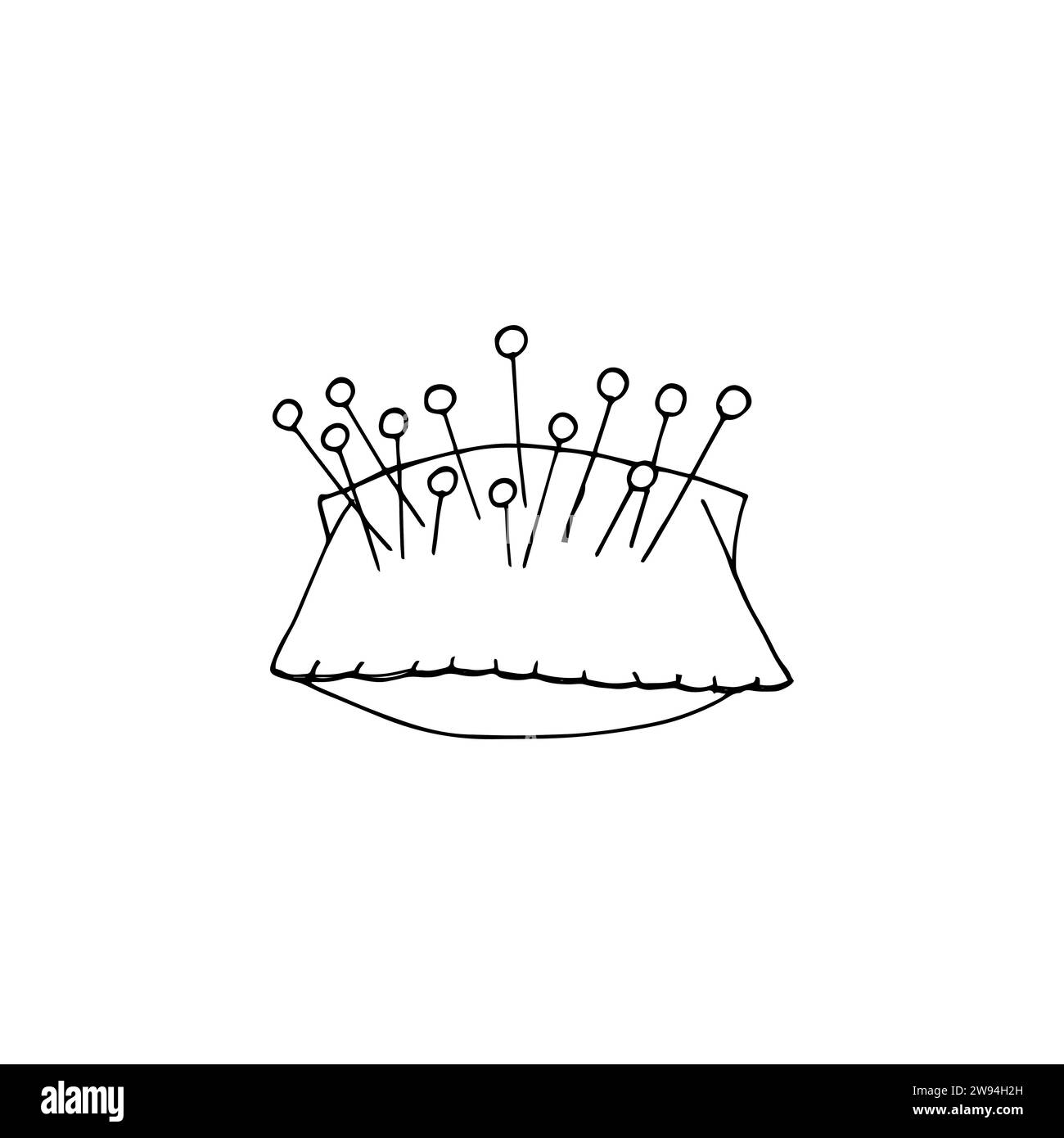 Handdrawn sketch of pincushion with needles and pins. Needlework