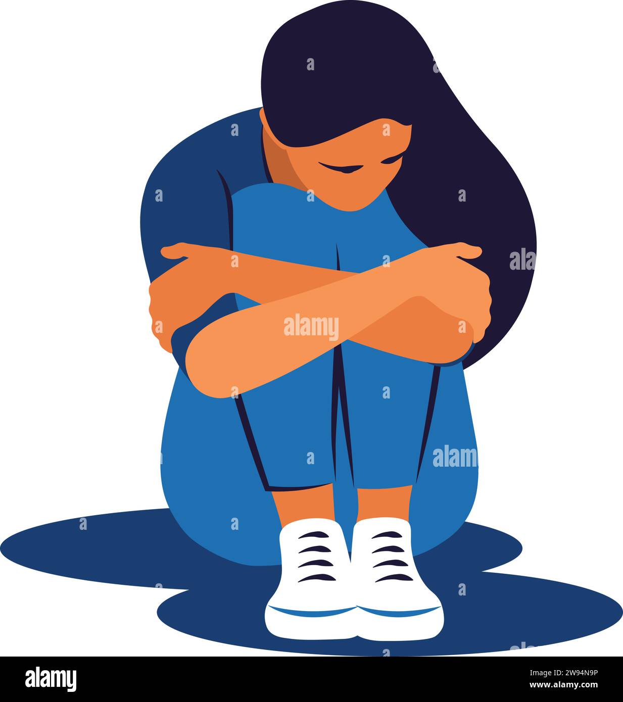 Depression woman sit on the floor and hugging her knees. Young woman