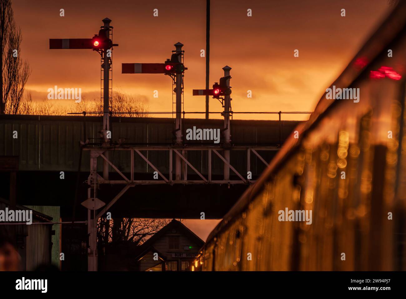 Evening signals all finished for the day in the eveninn sun at Bury Bolton street station on the East Lancashire railway. Stock Photo