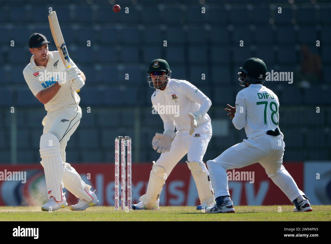 New Zealand captain Tim Southee bats against Bangladesh in the first Test Day Five at Sylhet International Cricket Stadium, Lakkatura, Bangladesh, 02 Stock Photo
