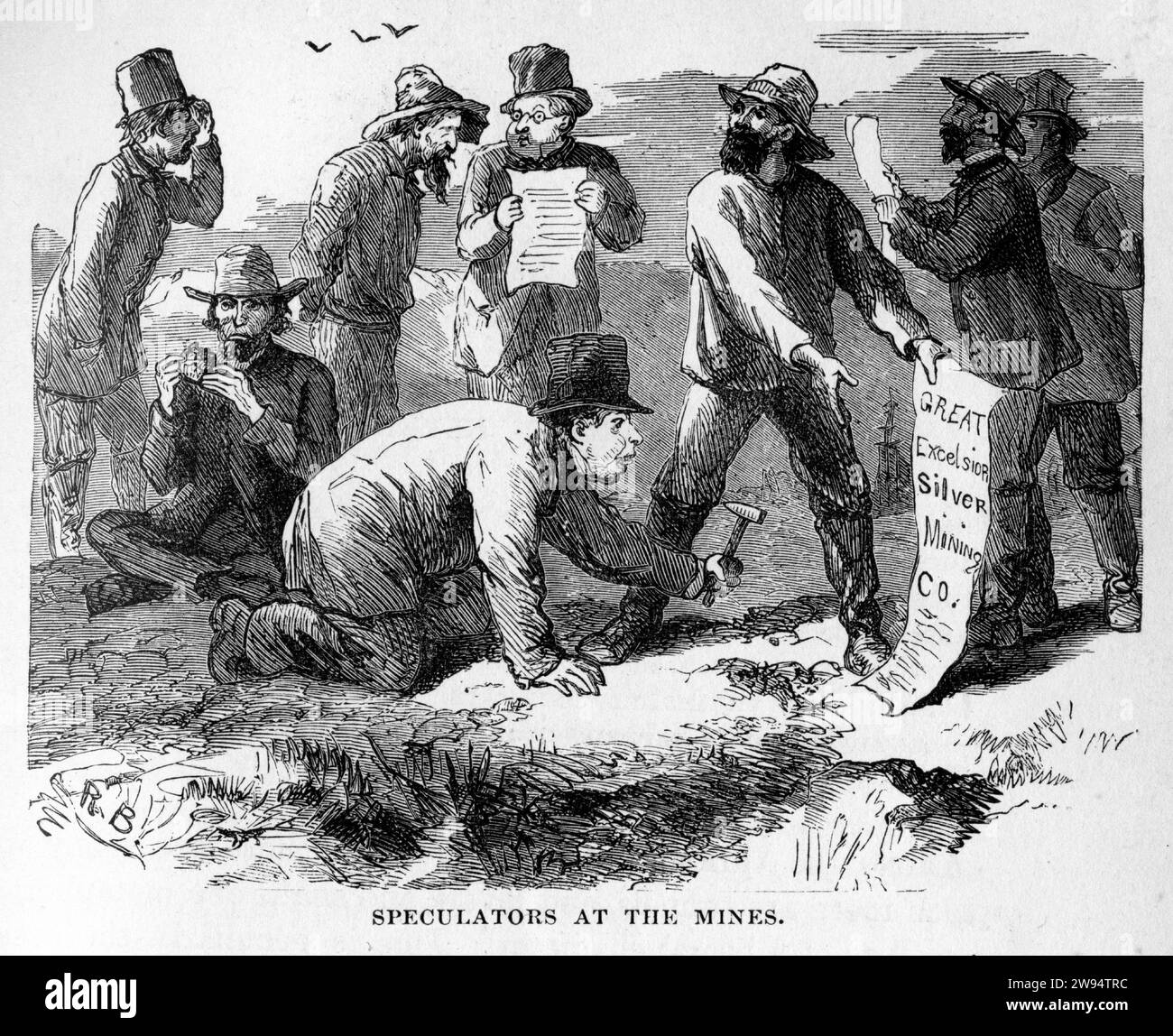 Engraving of speculators inspecting a mine, from The Underground World, circa 1878 Stock Photo