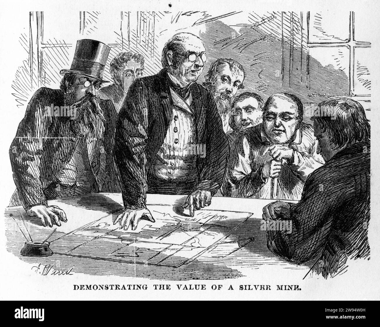 Engraving of directors looking for investors in a silver mine, from The Underground World, circa 1878 Stock Photo