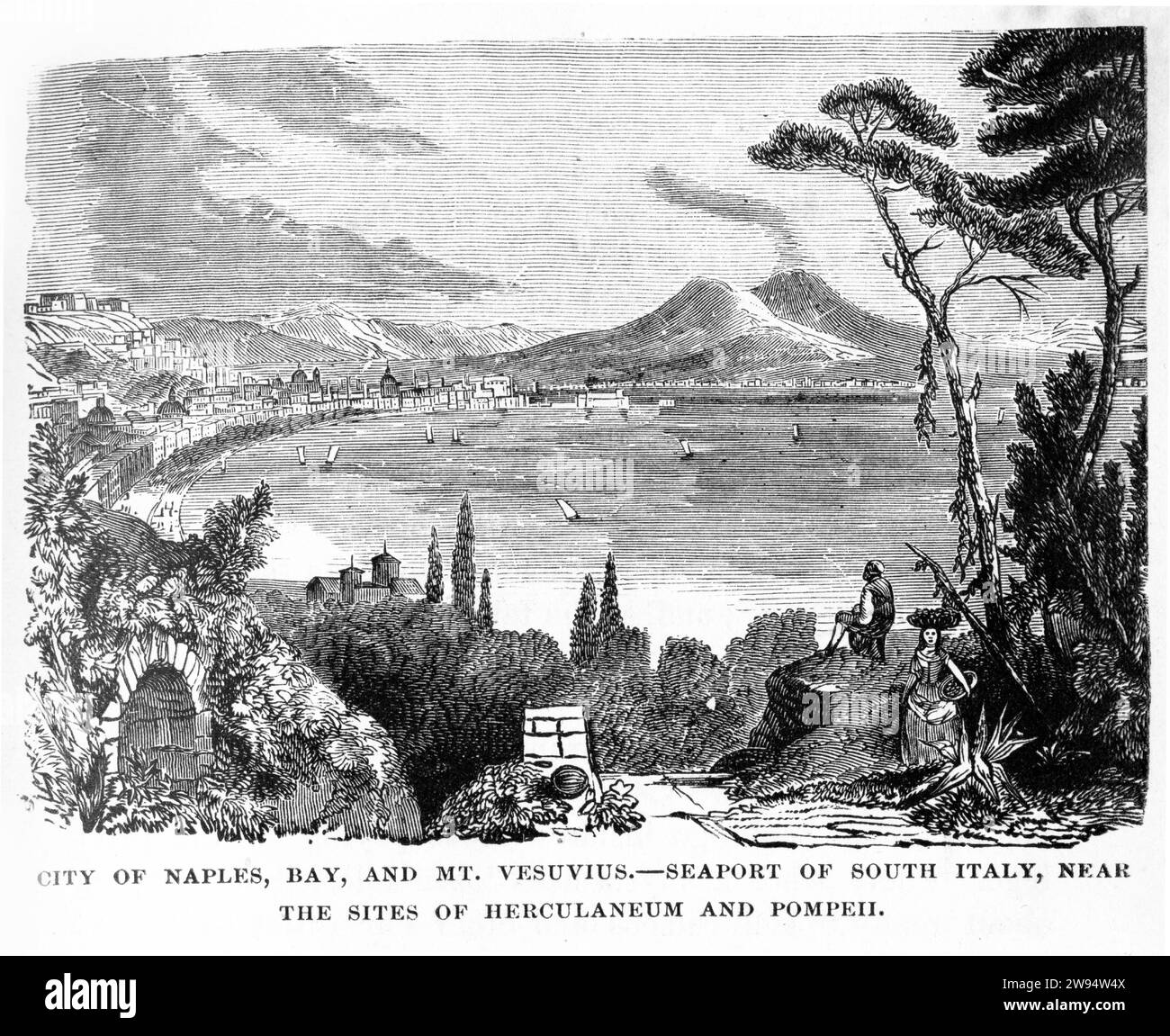 Engraving of the city of Naples, the bay and Mount Vesuvius, from The Underground World, circa 1878 Stock Photo