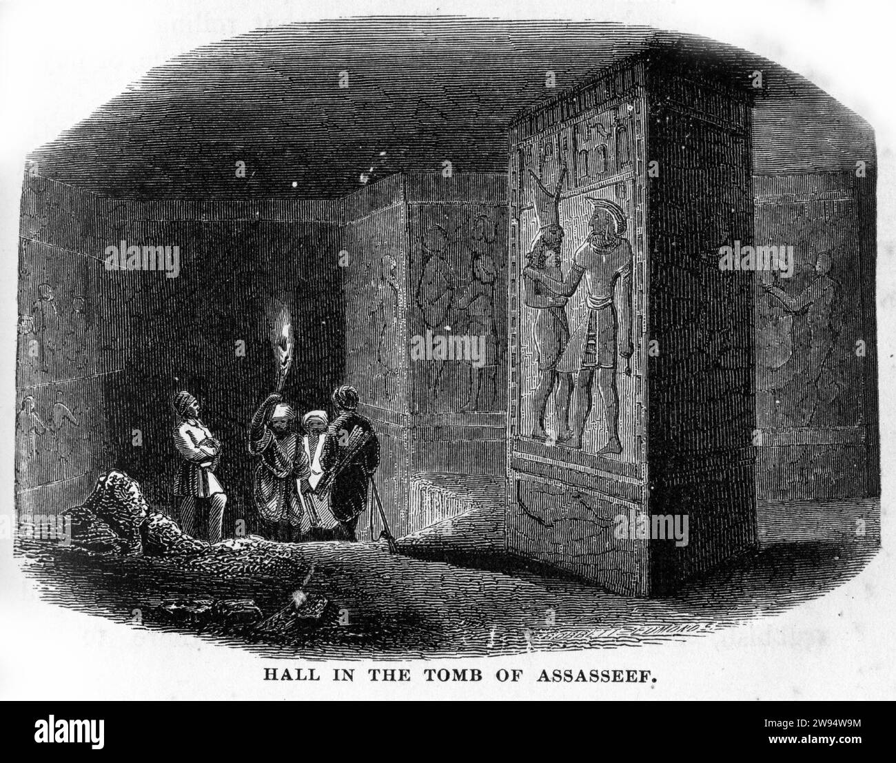 Engraving of hall in the tomb of Assasseef at an archaeological site in Egypt, published circa 1878. Stock Photo