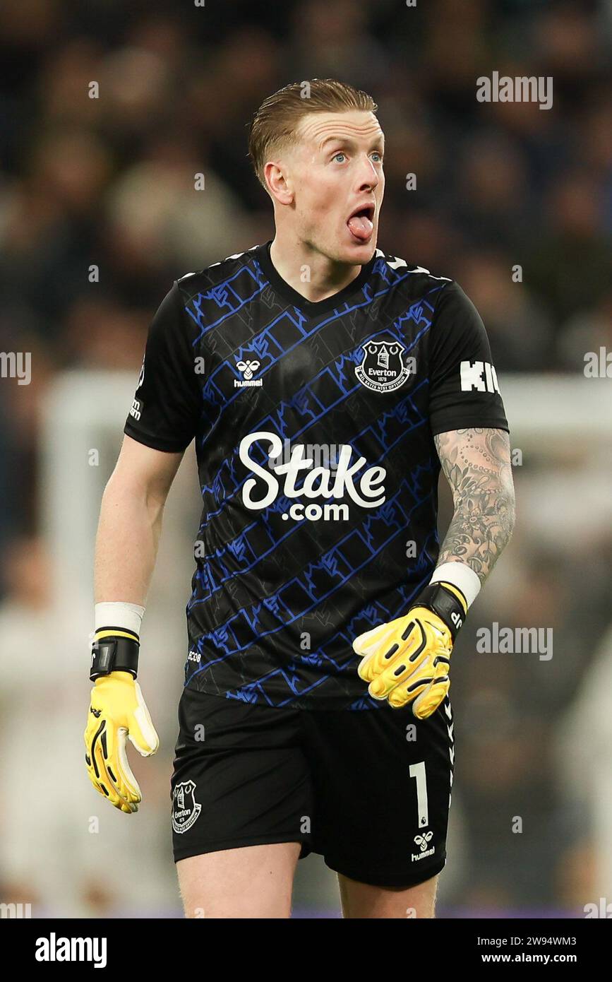 London, UK. 23rd Dec, 2023. Everton Goalkeeper Jordan Pickford pulls a  funny face during the Premier League match between Tottenham Hotspur and  Everton at Tottenham Hotspur Stadium, London, England on 23 December