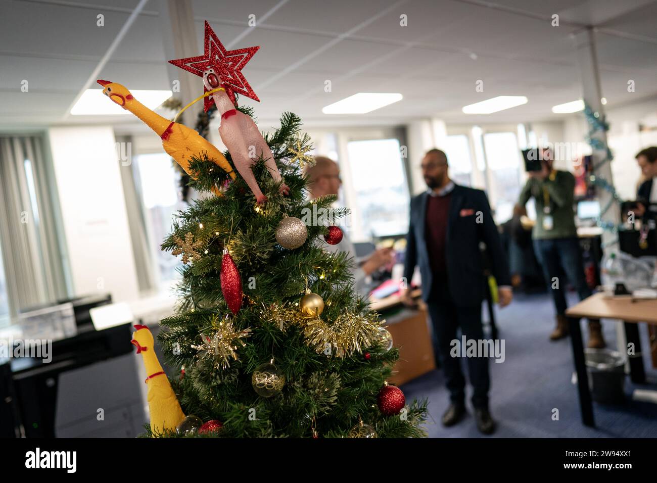 Christmas tree decorations during a visit by Home Secretary James Cleverly to meet police officers at Luton Police Station to thank them for their service for working over the festive period. Picture date: Thursday December 21, 2023. Stock Photo