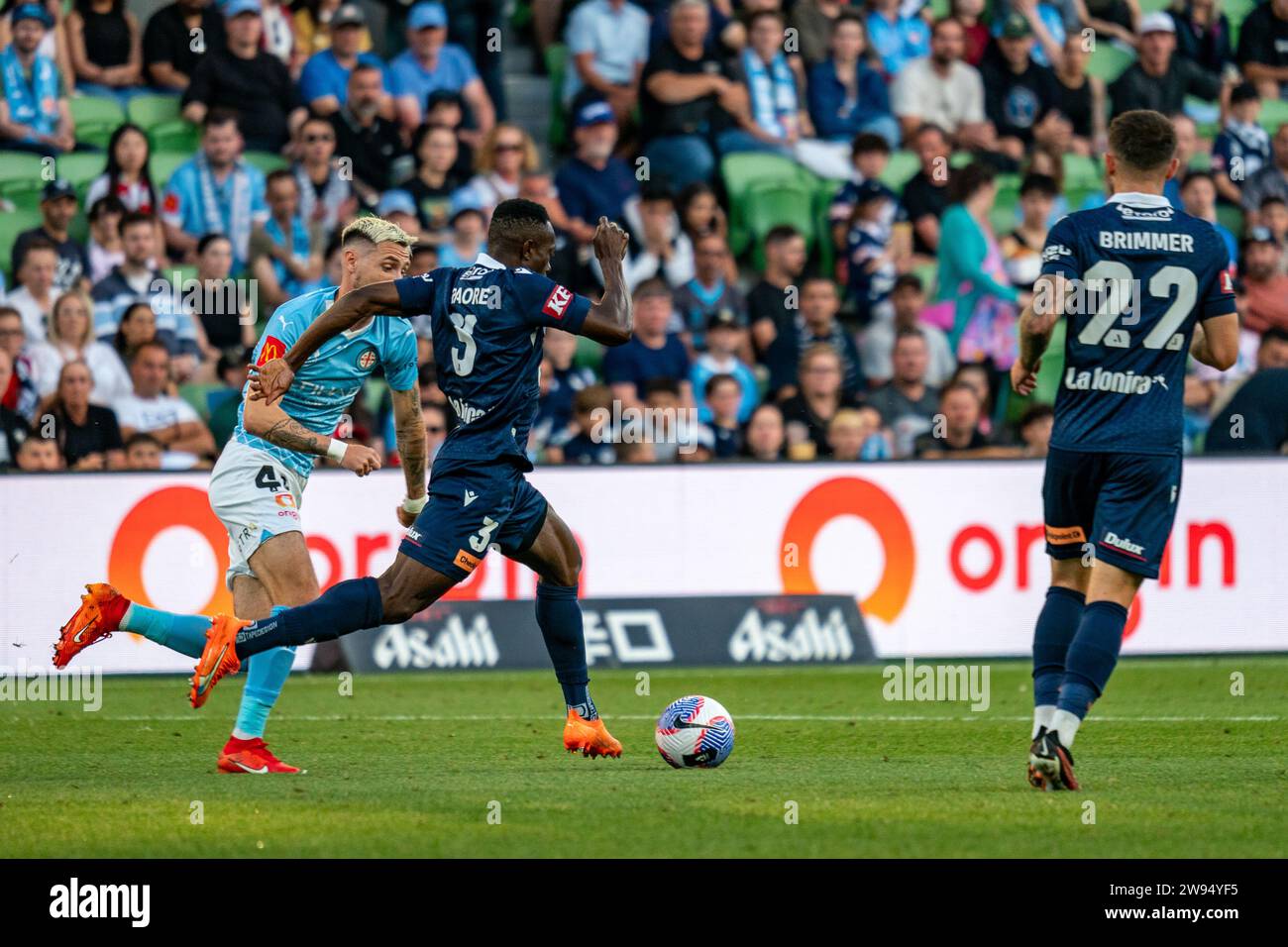 Melbourne, Australia. 23 December, 2023. Melbourne Victory FC Defender Adama Traore (#3) runs the ball down the wing for a counter attack during the Isuzu UTE A-League match between Melbourne City FC and Melbourne Victory FC at AAMI Park in Melbourne, Australia. Credit: James Forrester/Alamy Live News Stock Photo