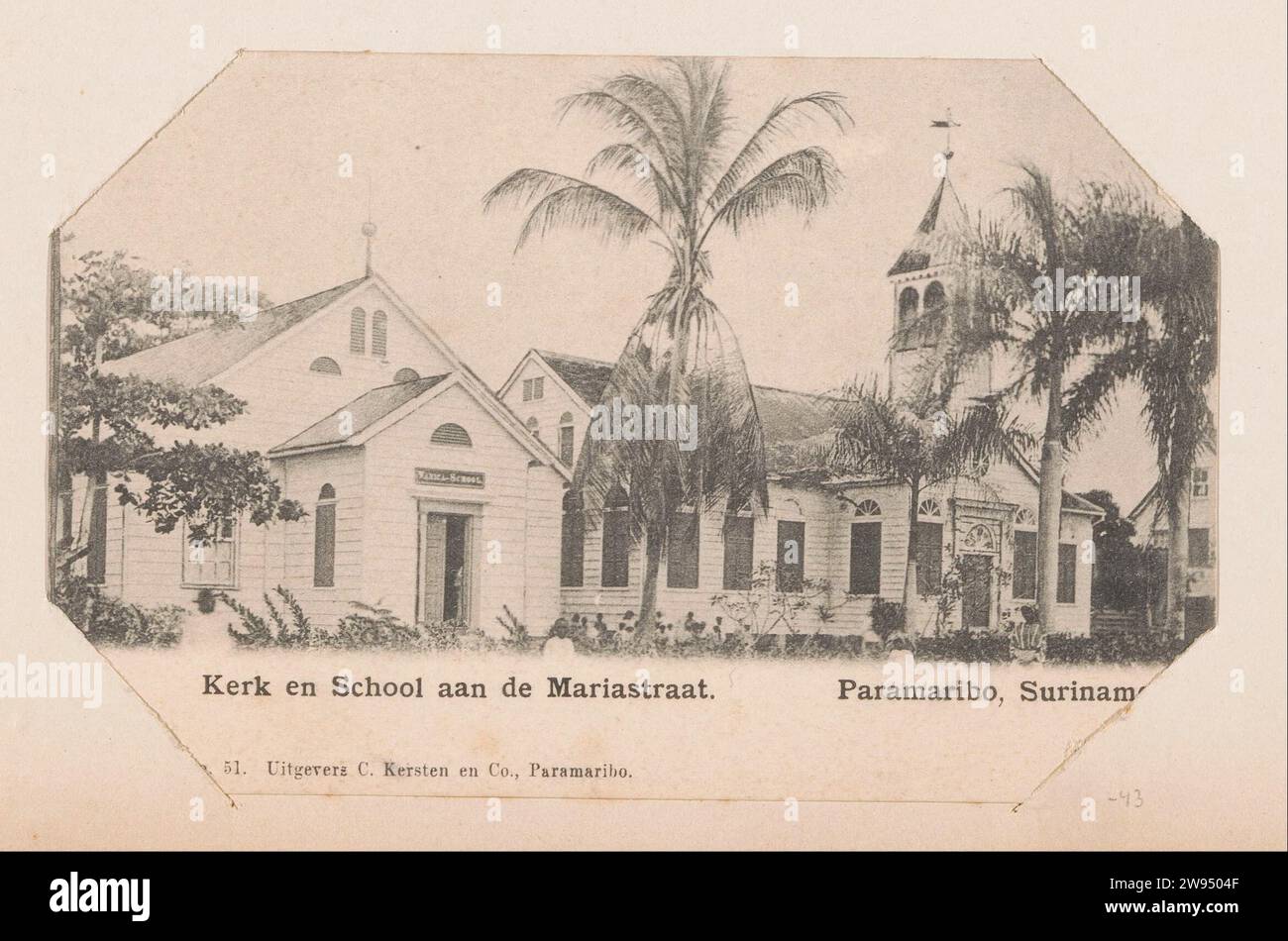 Combékerk on the Grote Combeweg, C. Kersten & Co., Anonymous, 1900 - 1910  The Combékerk of the Evangelische Broedergemeente, on the Grote Combeweg in Paramaribo (referred to as a church and school on Mariastraat on this map). Part of a collection of 68 postcards from Suriname, brought together in an album as a reminder of a stay in Suriname in September 1911. Paramaribo cardboard collotype church (exterior) Paramaribo. Combé. Combékerk Stock Photo
