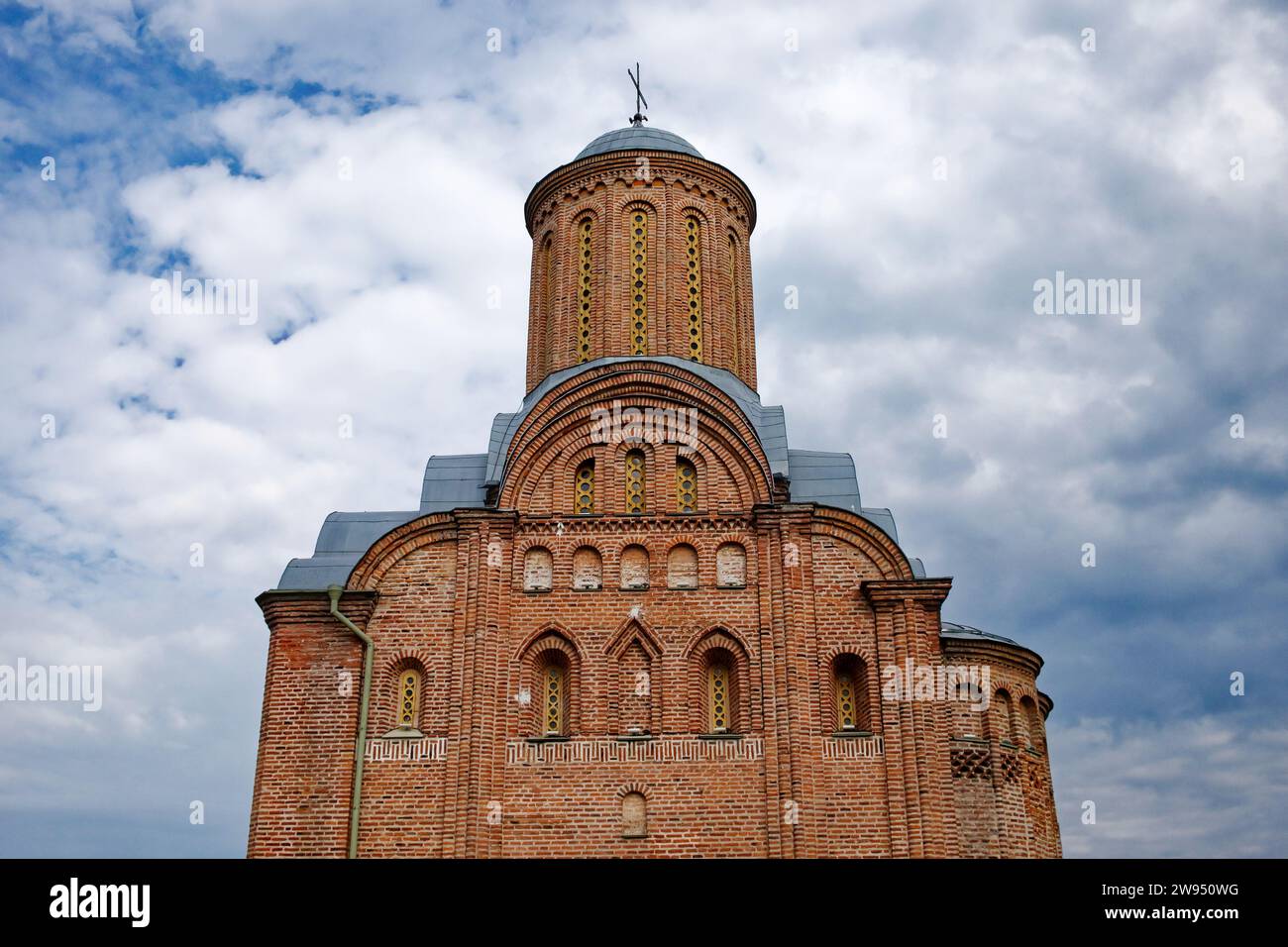 The Friday Church in Chernihiv, a historic brick tower, stands in stark