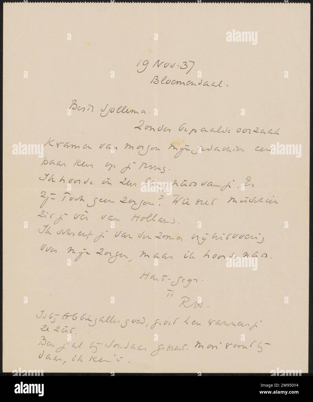 Letter to Joop Sjollema, Richard Nicolaüs Roland Holst, 1937 letter ...