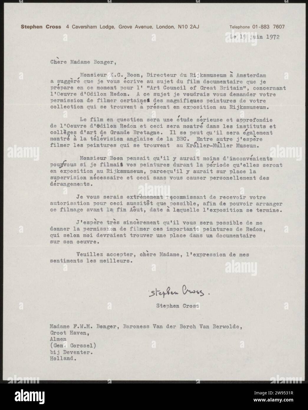 1972 Writing BRIEF AAN FRIACH W.m. Bonger, Stephen Cross, 1972 letter London paper ...