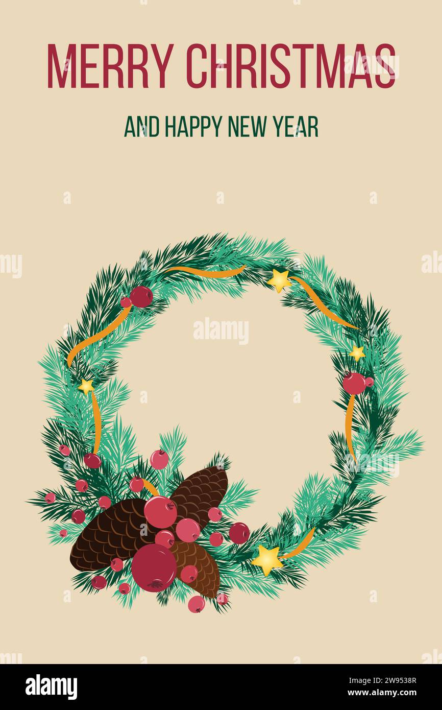 Holiday card with Christmas wreath of fir branches with red ribbon around, red rowan berries and fir cones on background. With text. Vertical. Vector Stock Vector