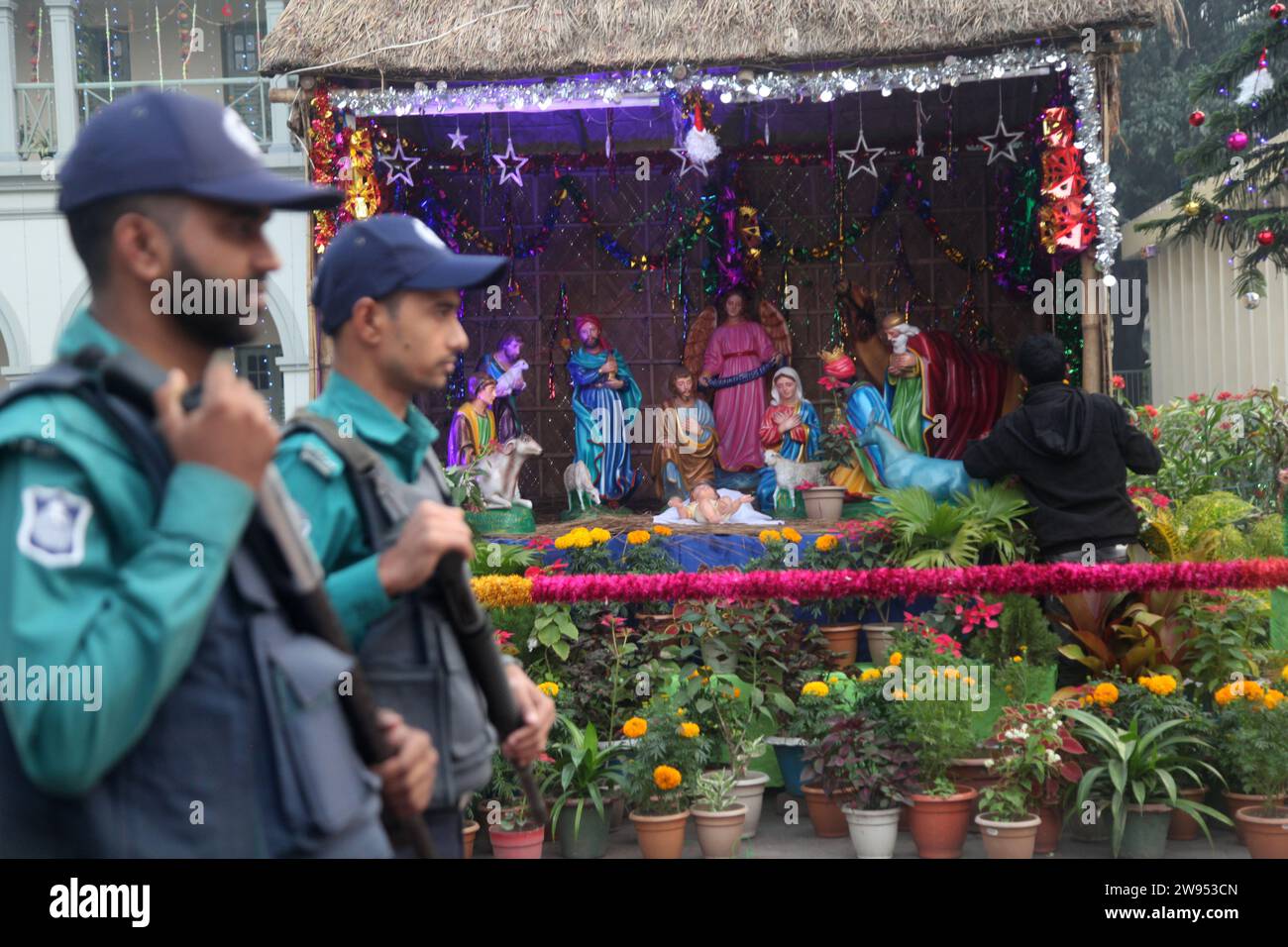 Dhaka Bangladesh 24 December 2023, Police on guard Kakrail Church in