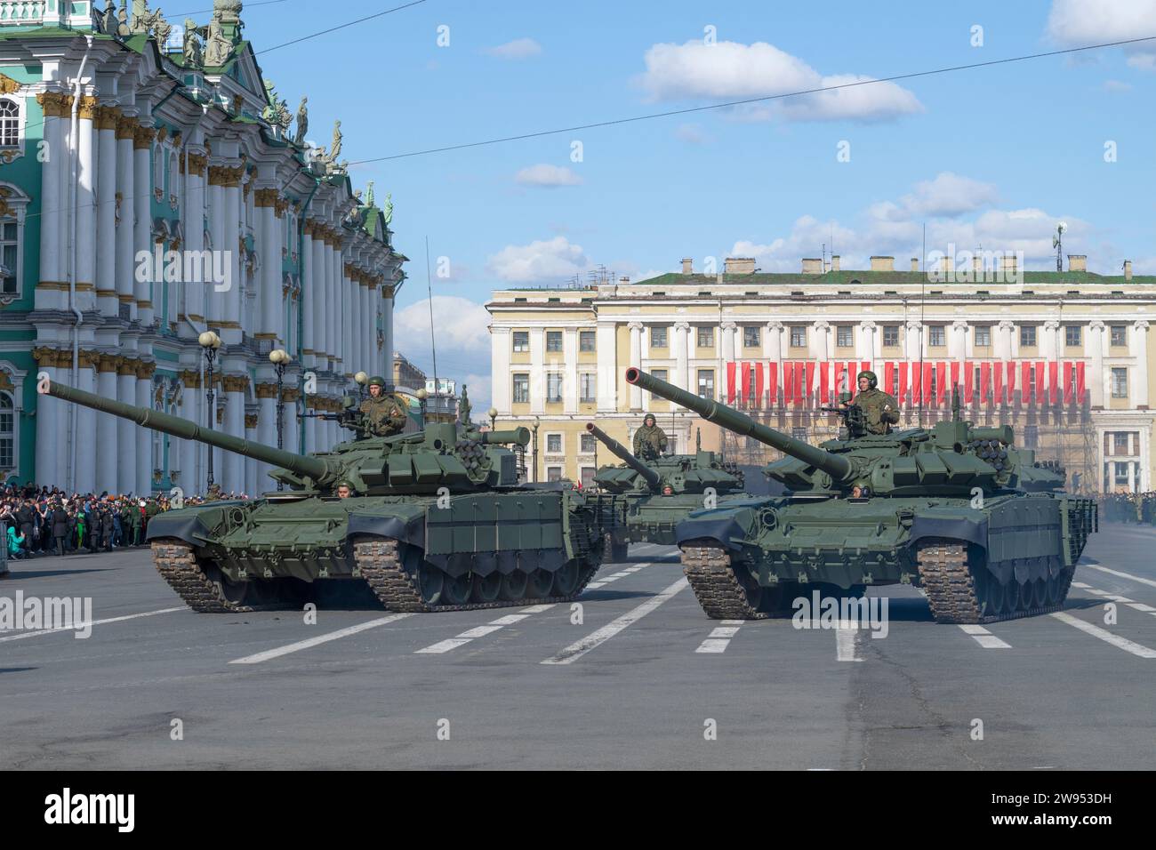 PETERSBURG, RUSSIA - APRIL 28, 2022: Russian tanks T-72B3 on Palace Square. Fragment of the rehearsal of the military parade in honor of Victory Day Stock Photo