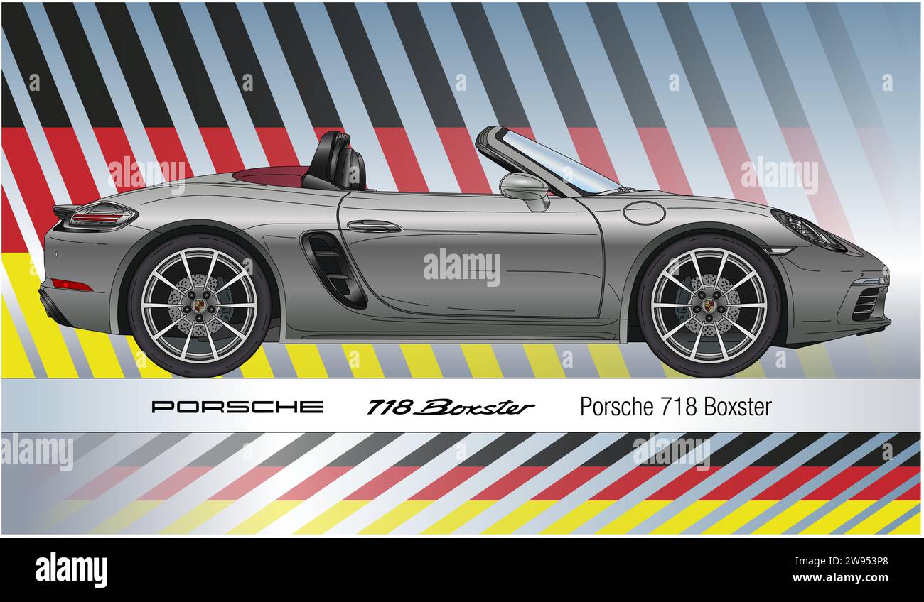 Germany, year 1996, Porsche 718 Boxster car silhouette, illustration on the german flag background Stock Photo