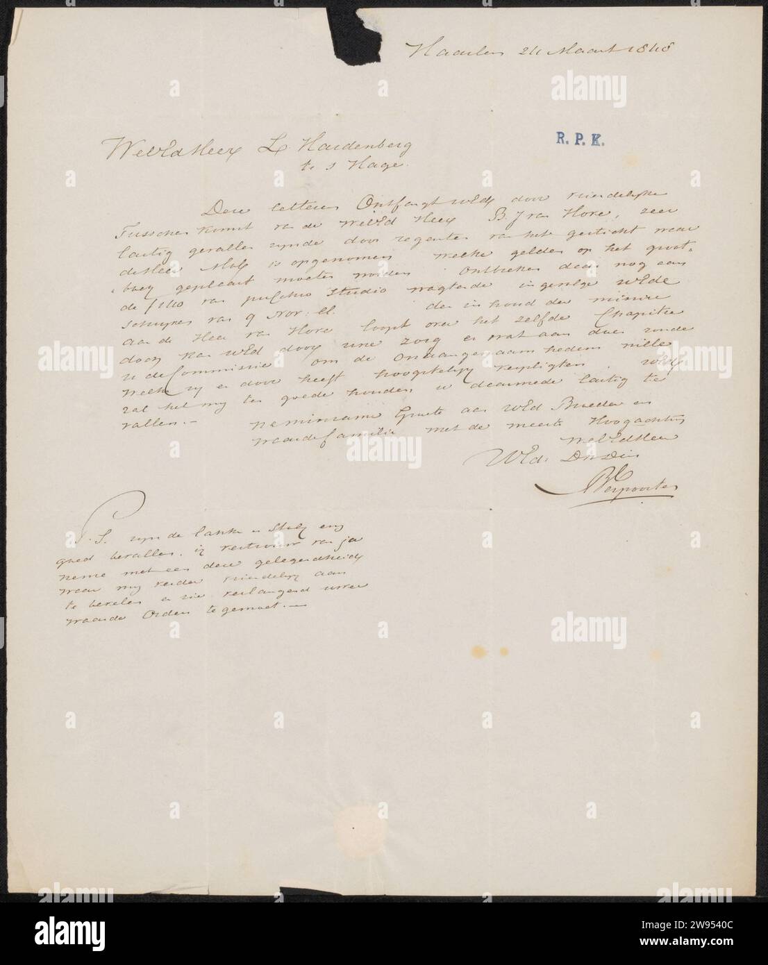 Letter to Lambertus Hardenberg (1822-1900), B. Verpoorten, 1848 letter ...